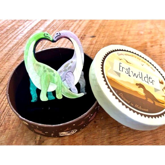 SOLD -Erstwilder -Dinosaurs Brooch -Neck and Neck - Picture 1 of 2